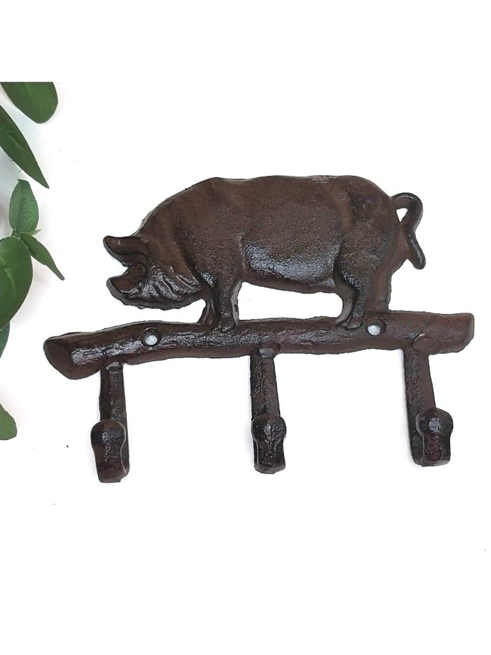 Cast Iron Pig Shaped Triple Wall Hook Key Rack Rustic Brown Finish BBQ Farmhouse